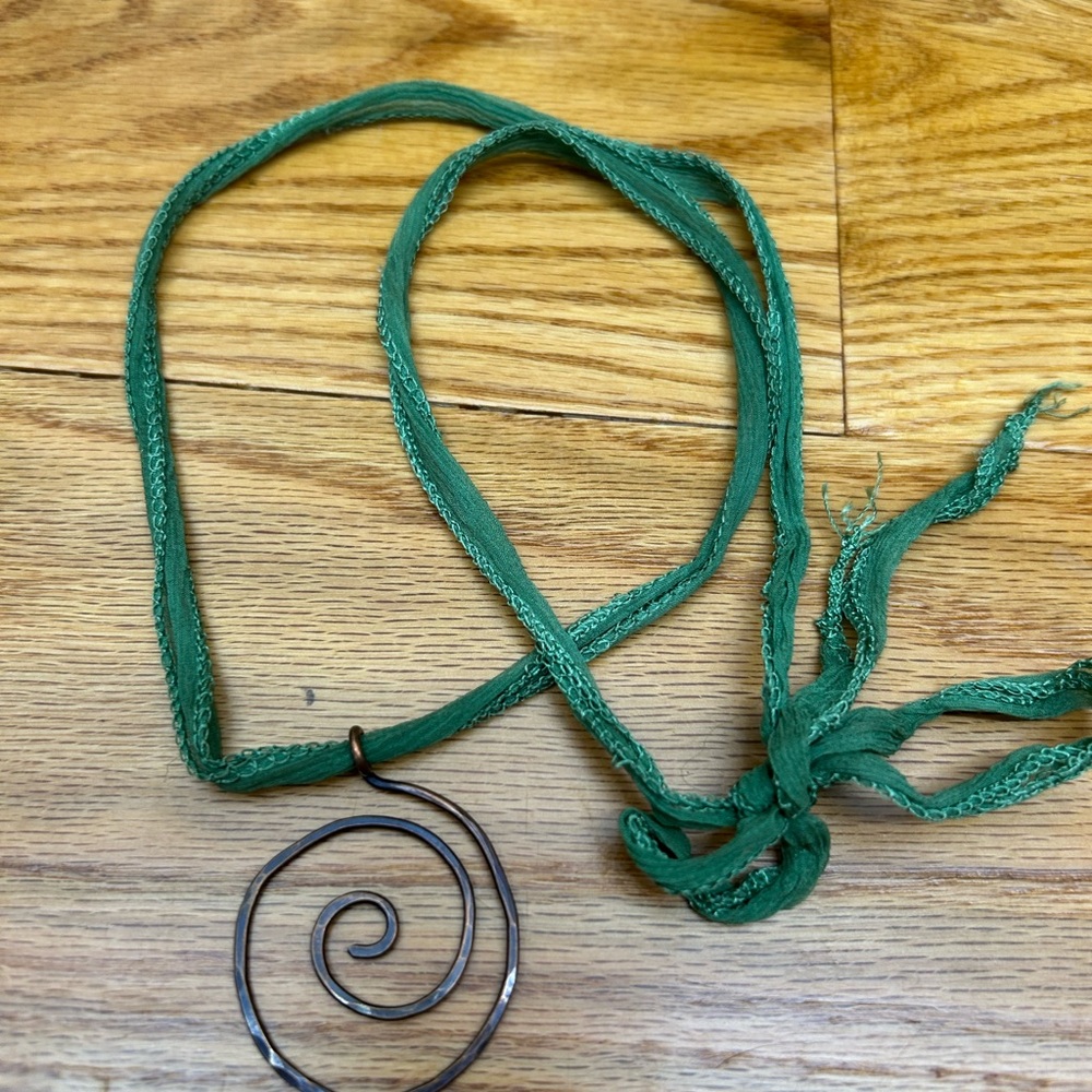 Green Ribbon Necklace with Copper Spiral Pendant